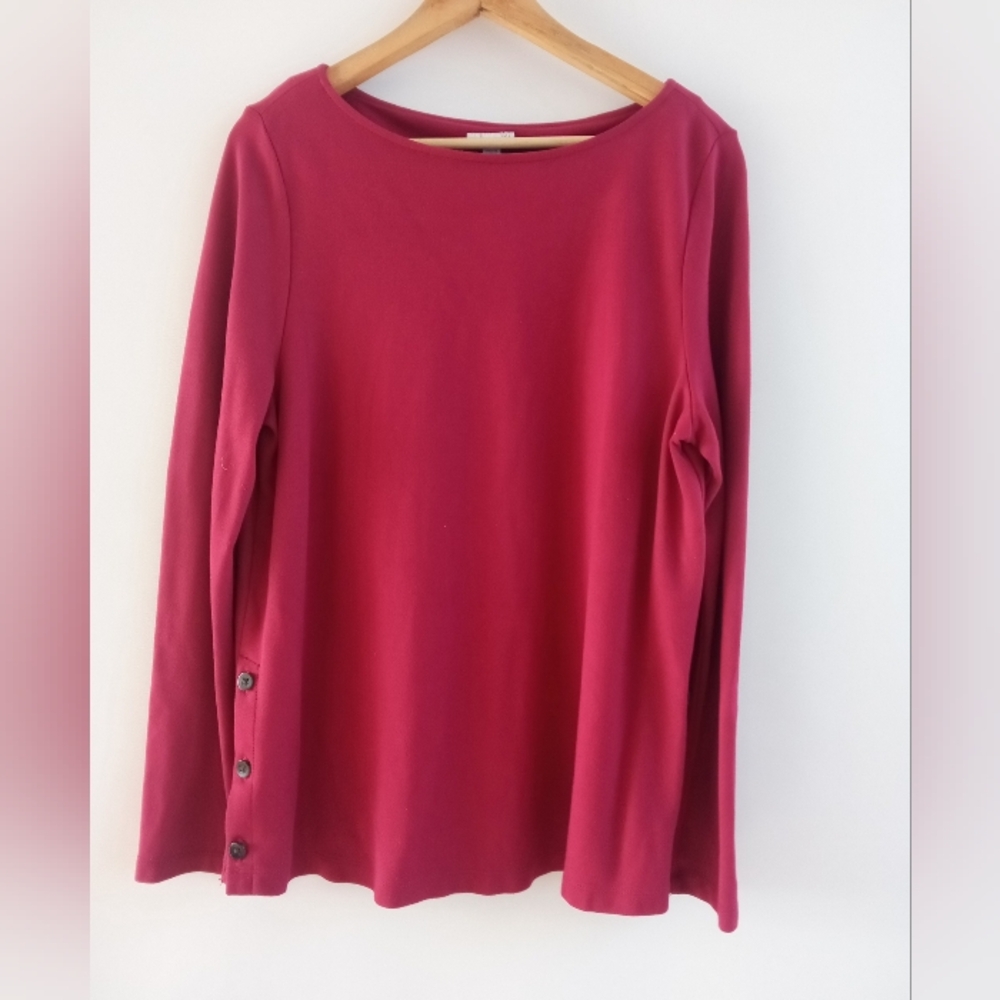 J. Jill Women's Large Berry Red Long Sleeve Knit Top - Side Button Hem Detail